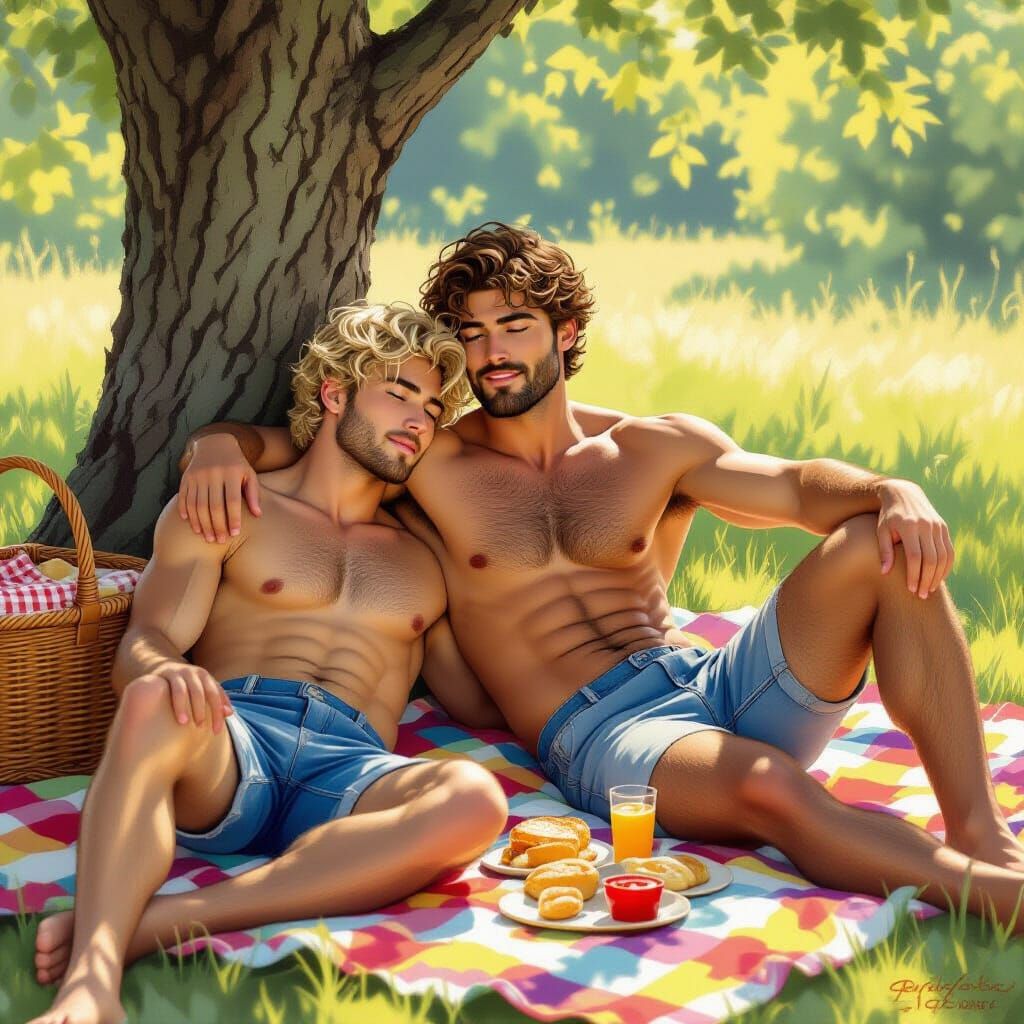 Couple Snuggles on Gay Pride Picnic Blanket