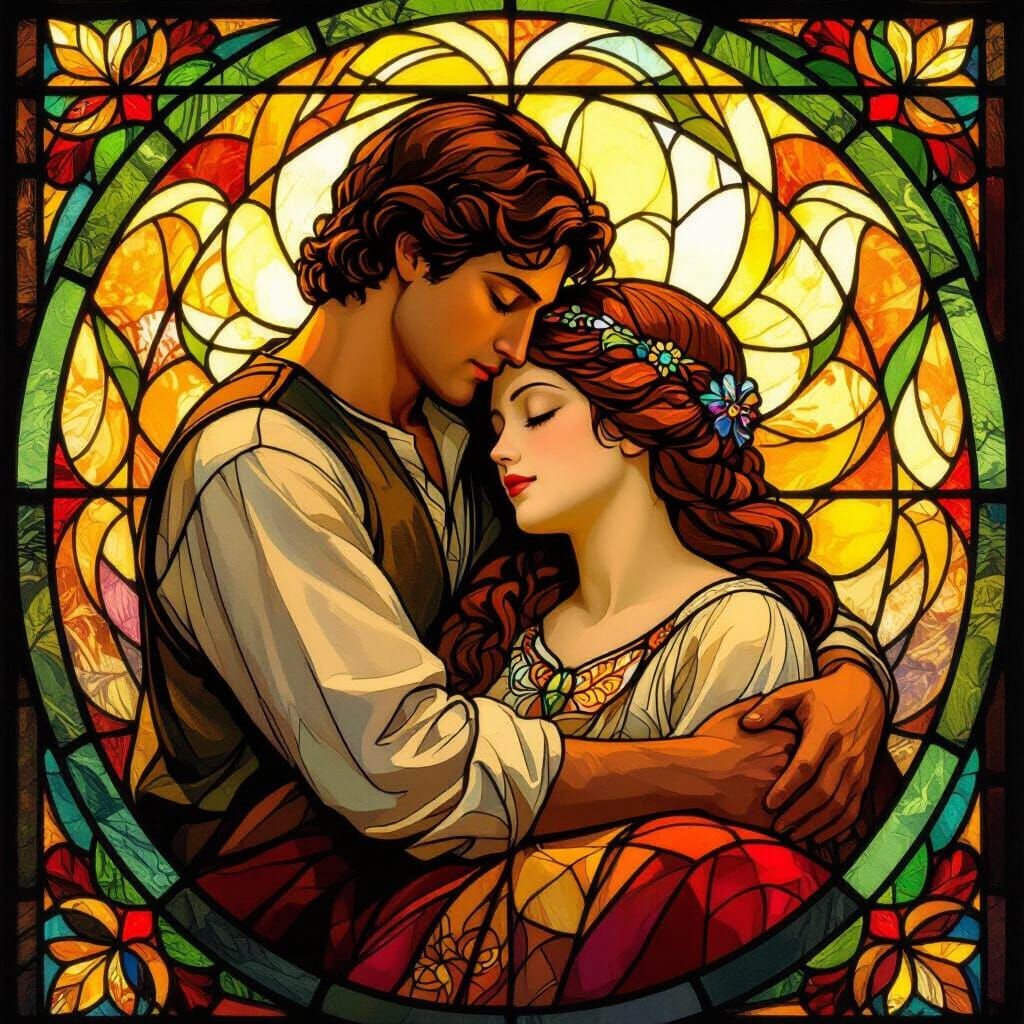 Art Nouveau Stained Glass: Couple's Tender Embrace