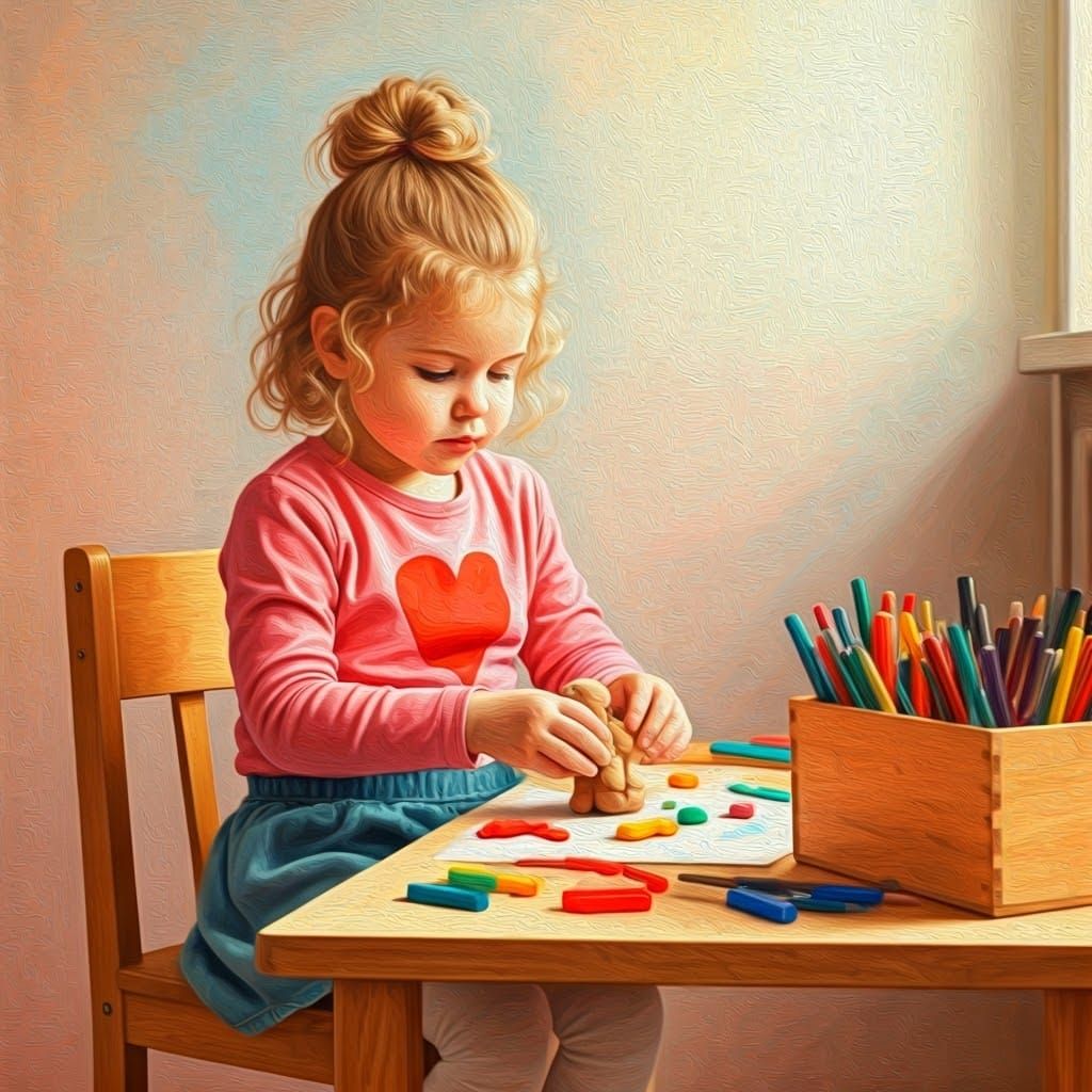 Girl Creates Teddy Bear, Oil Painting Style