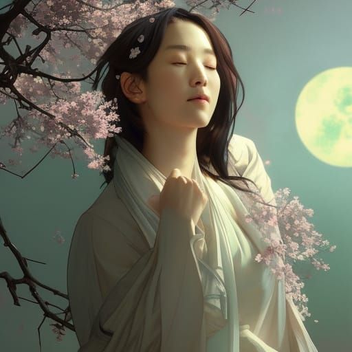 Japanese Woman Under Cherry Blossoms in Moonlight