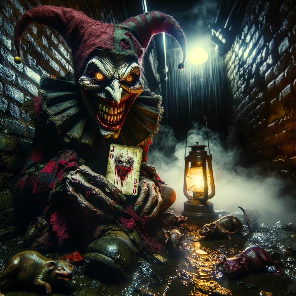 Sinister Jester in Dark Alleyway with Flickering Lamplight