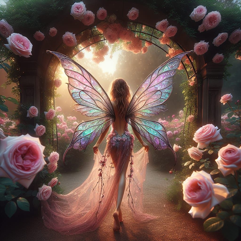 Ethereal Fairy Walking Through Rose Archway
