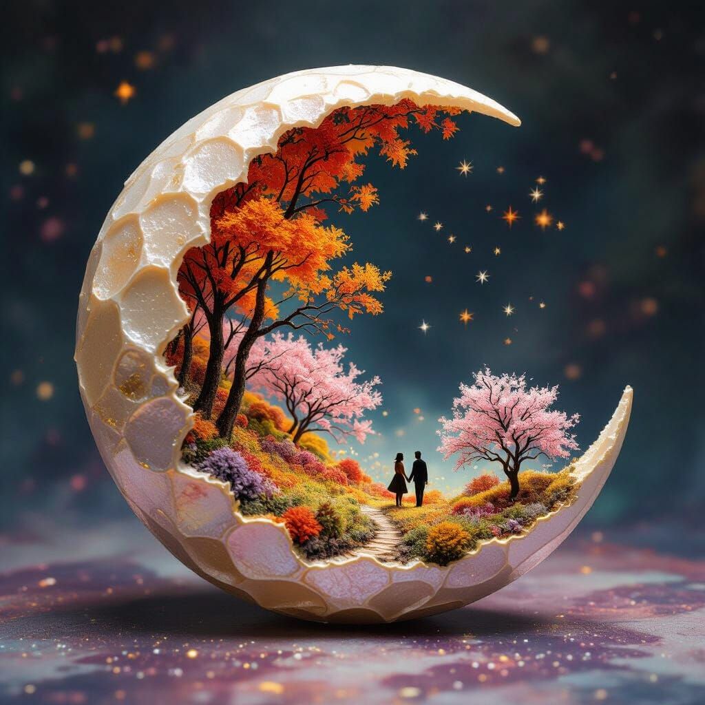 Miniature World on Crescent Moon in Autumn Forest