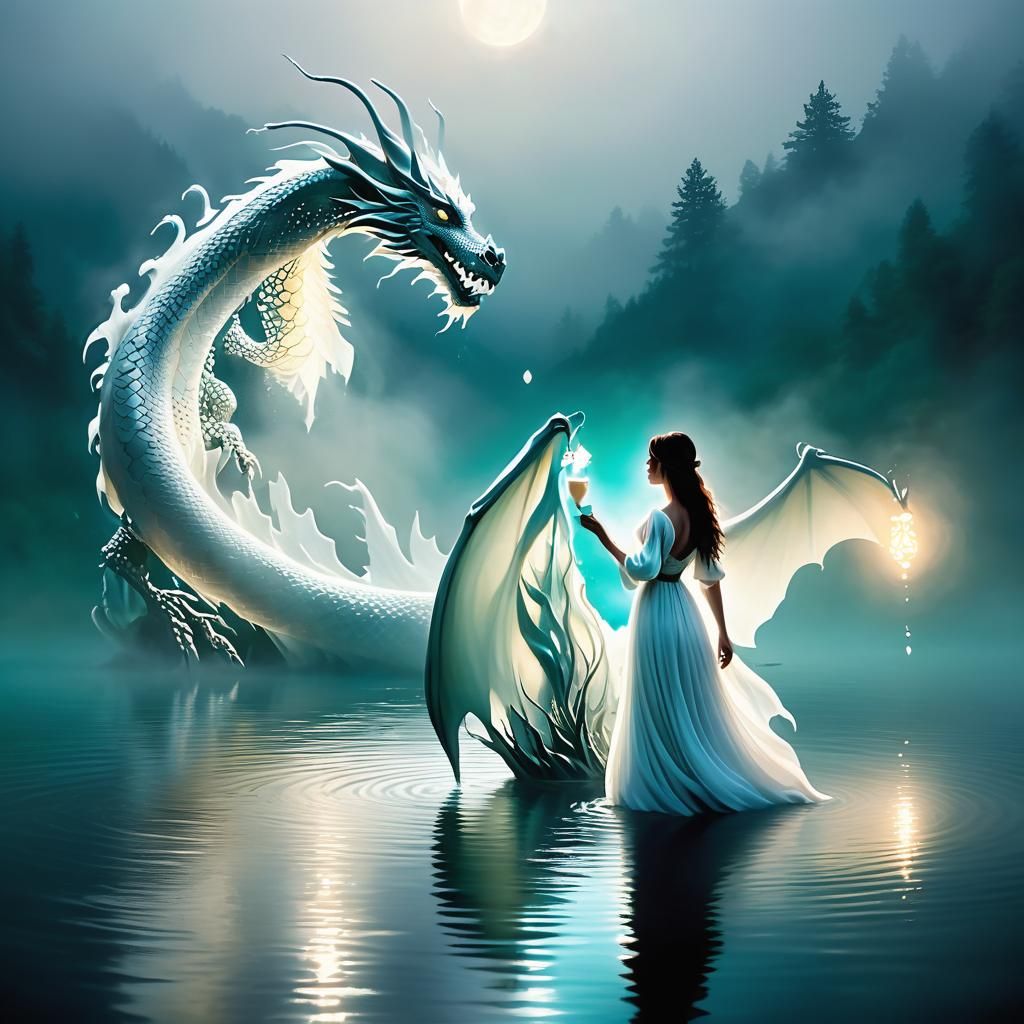 Milk Woman and Luminous Dragon in Folk Art Style