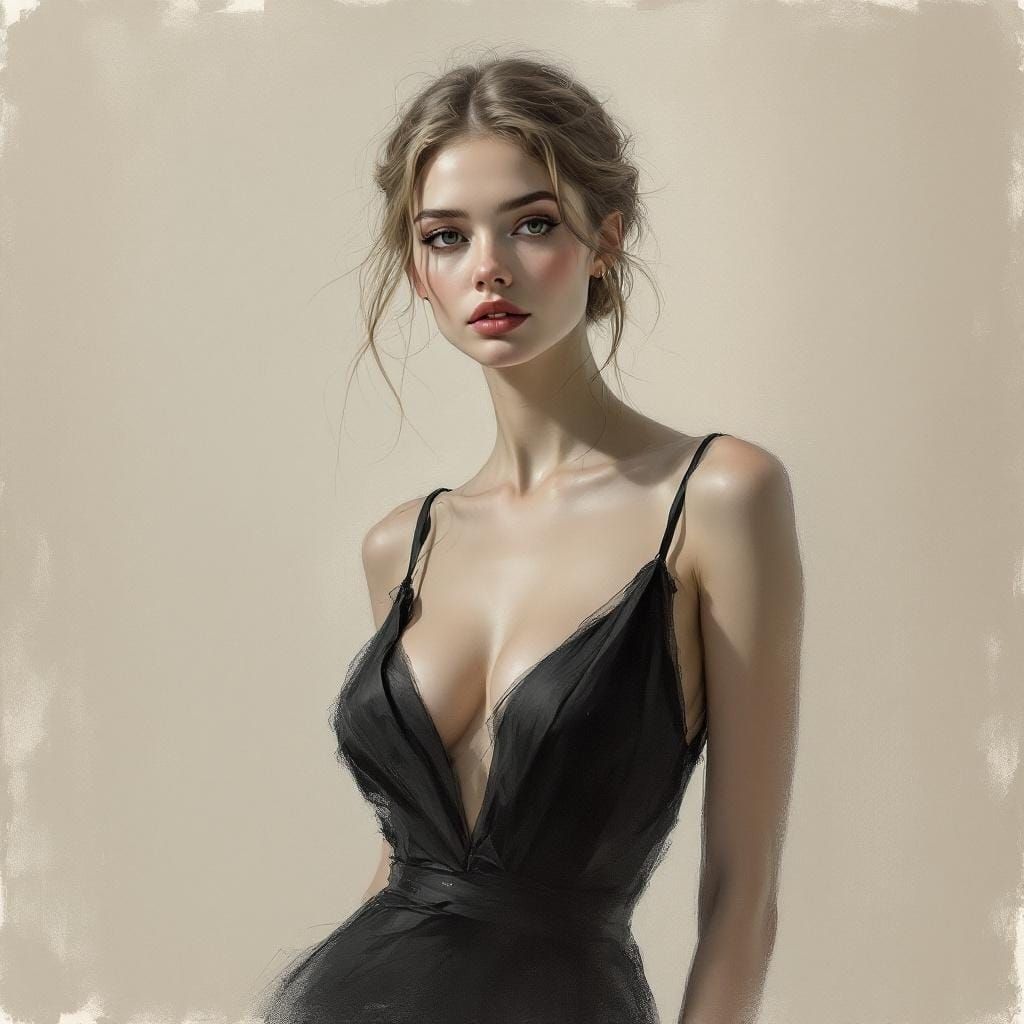 Elegant Woman in Black Dress: Vintage Illustration