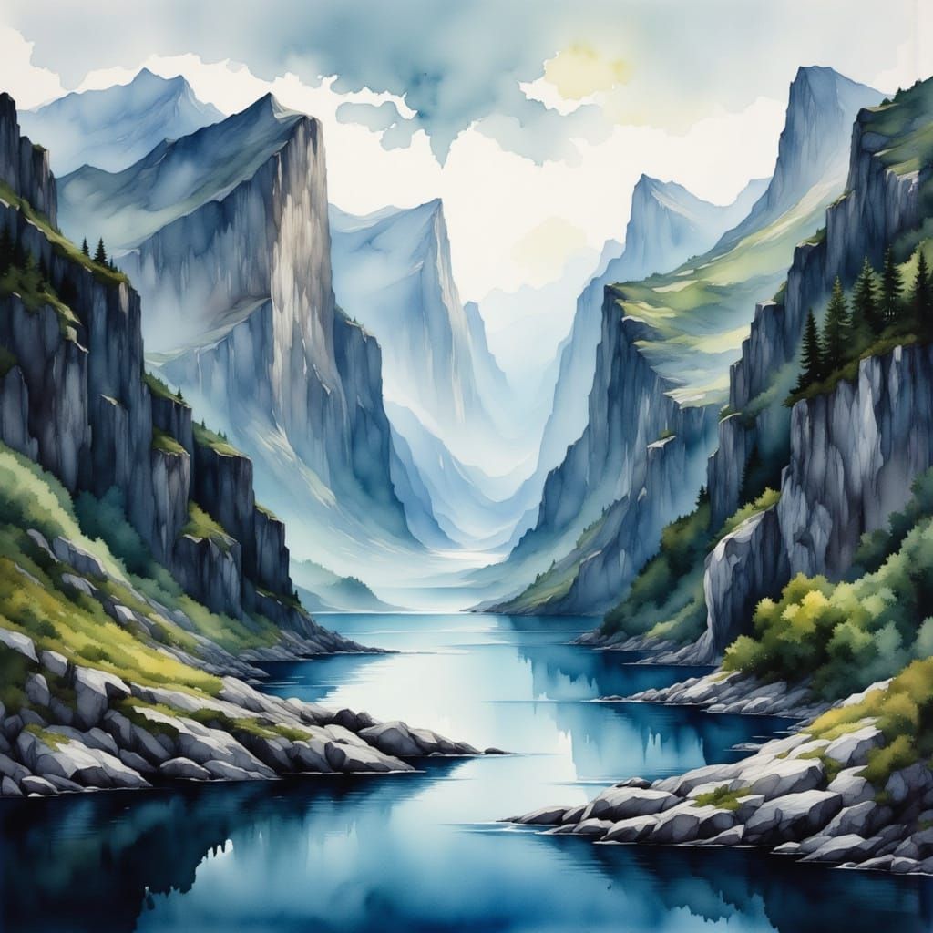 Scandinavian Fjord in Watercolor Style