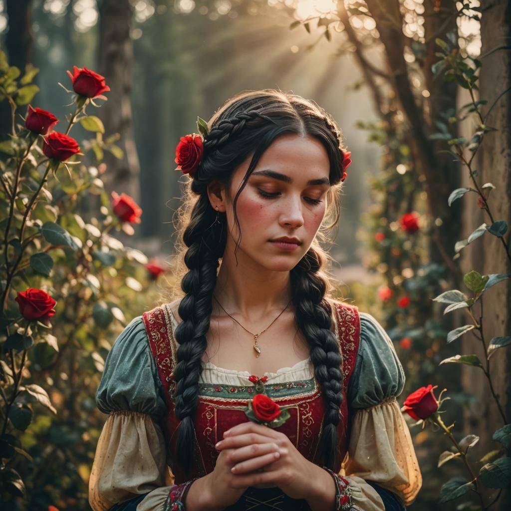 Beautiful Black Haired Medieval Girl with Flowers
