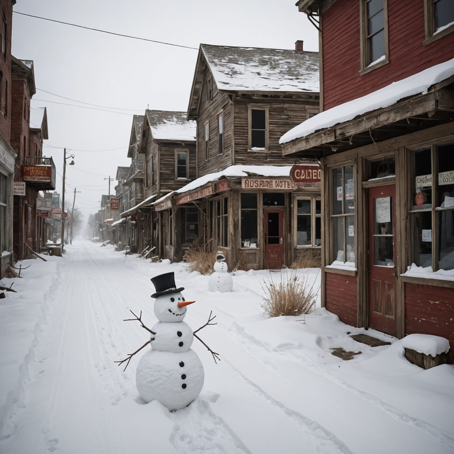 Post-Apocalyptic Main Street USA Scene with Snow-Covered Rui...