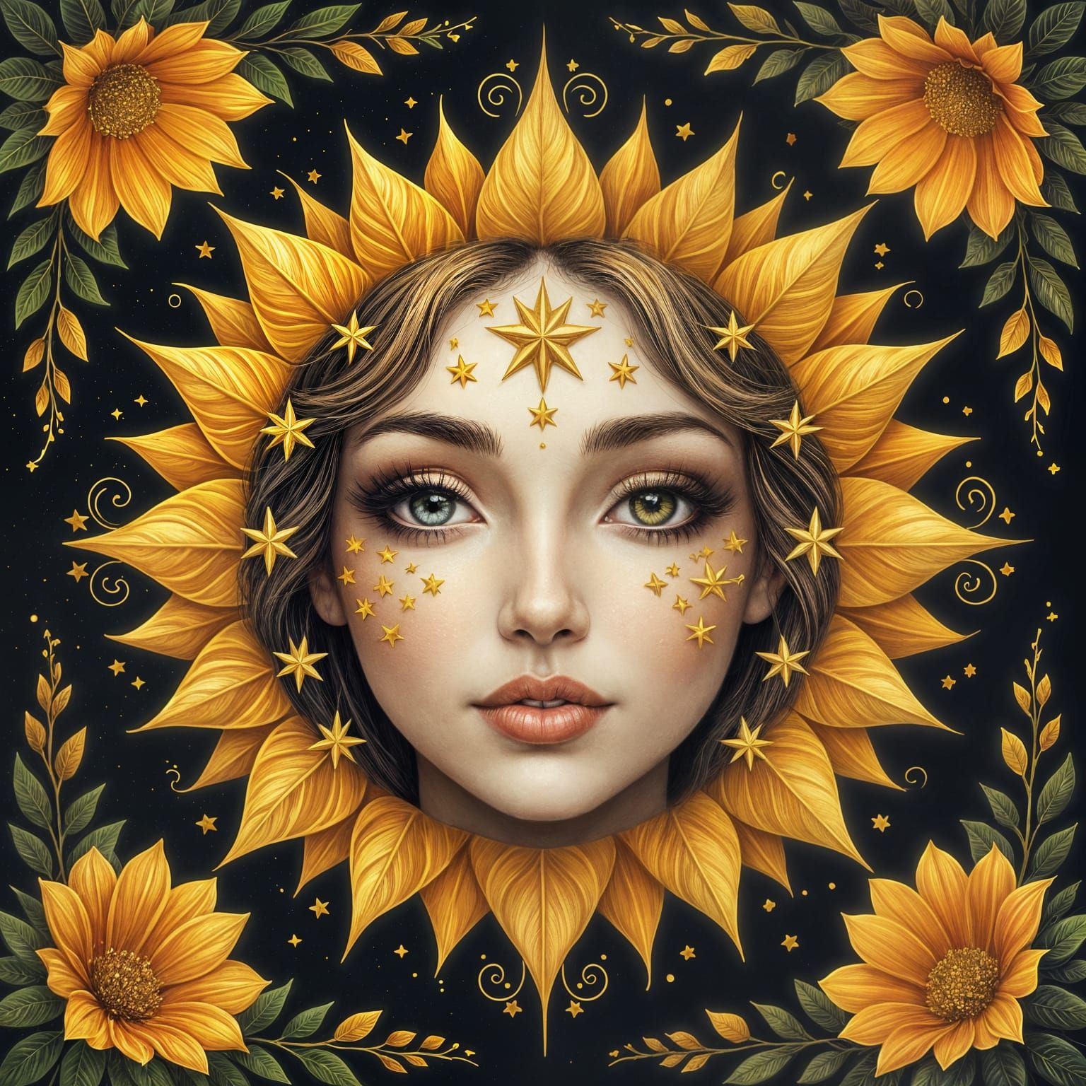 Monochromatic Yellow Fairy Sun Face with Golden Stars