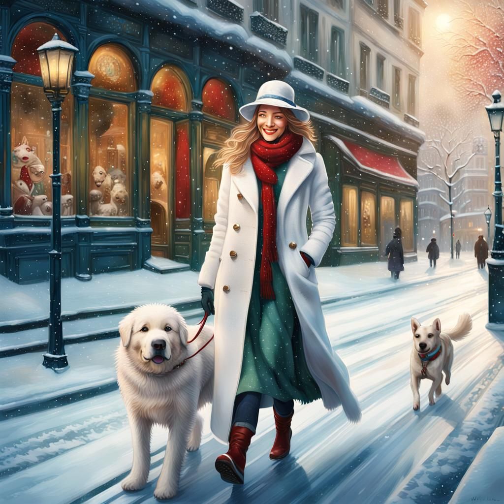 Snowy Paris Scene with Woman and Dog in Winter Wonderland