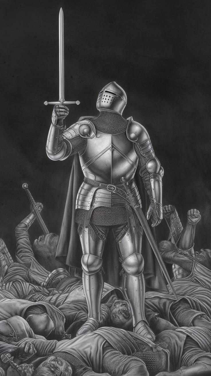 Medieval Knight Ascends Amidst Fallen Foes