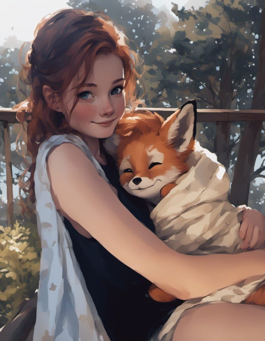 Fox-girl VIXEN cradles her daughter Kitt (age 12 months) in full fox form.