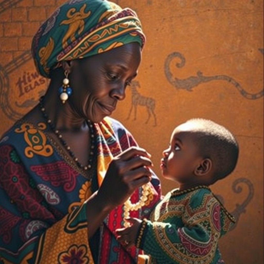 African Grandmother Giving Necklace to Grandson