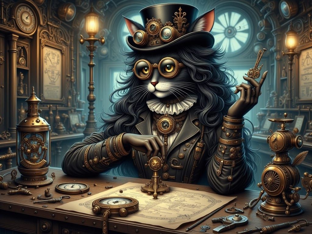 Steampunk Cat Tinkering with Clockwork Contraption