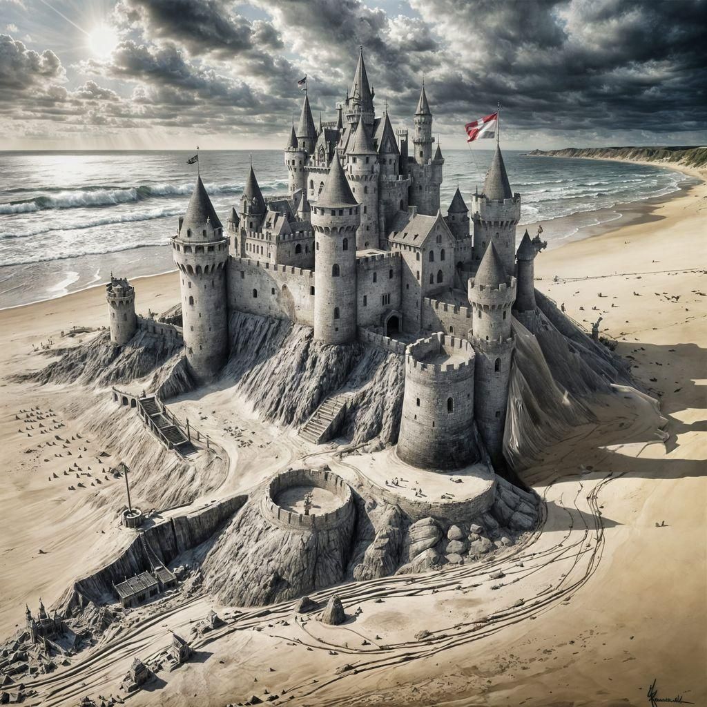 Beachside Sandcastle Kingdom in Charcoal Art Style