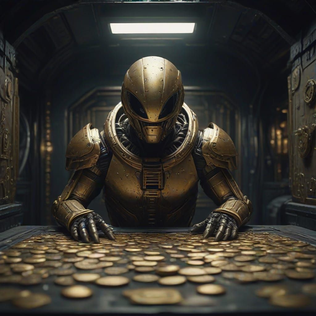 Futuristic Vault with Alien Figures and Gold