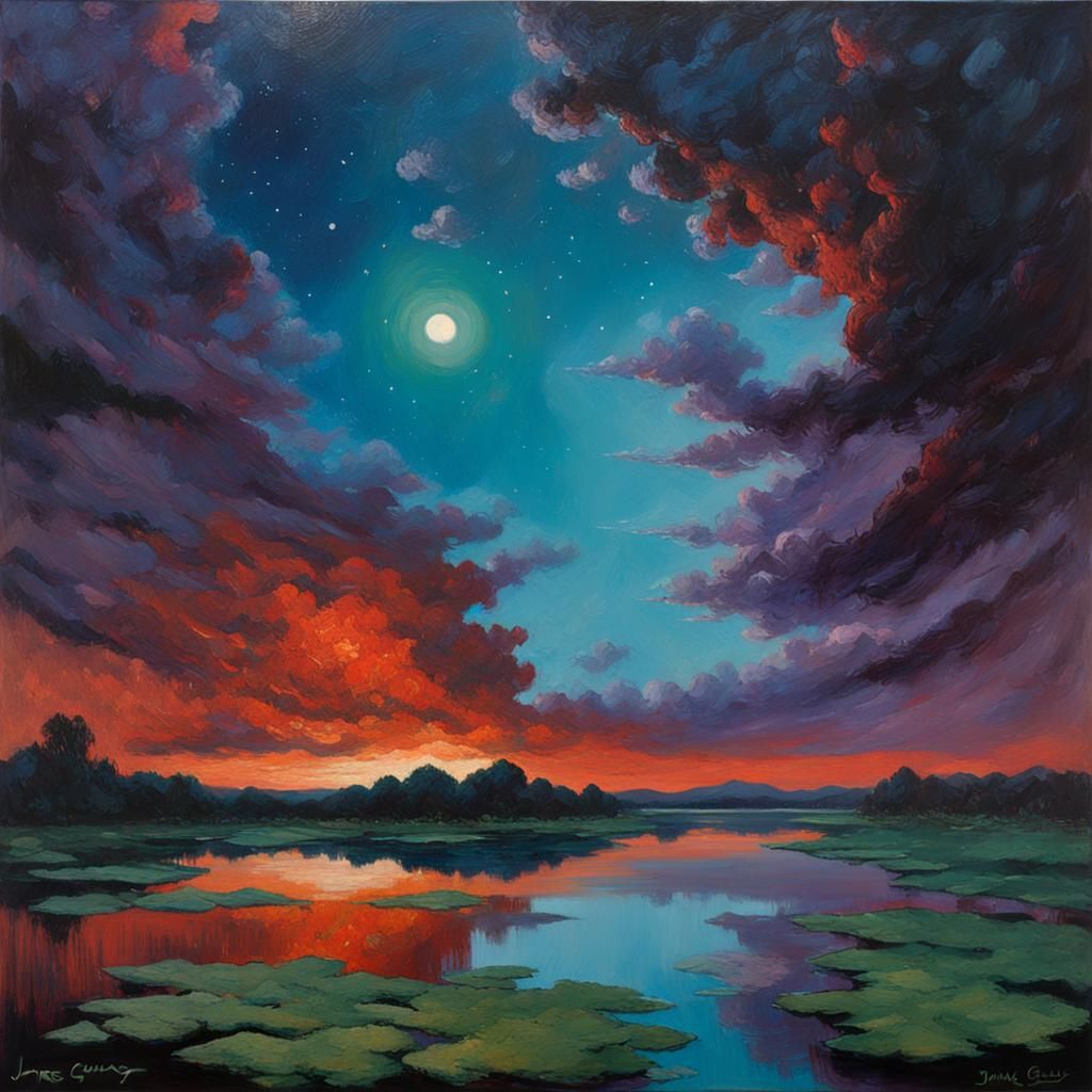 Alien Landscape Reflected in Lake, Oil Painting Style