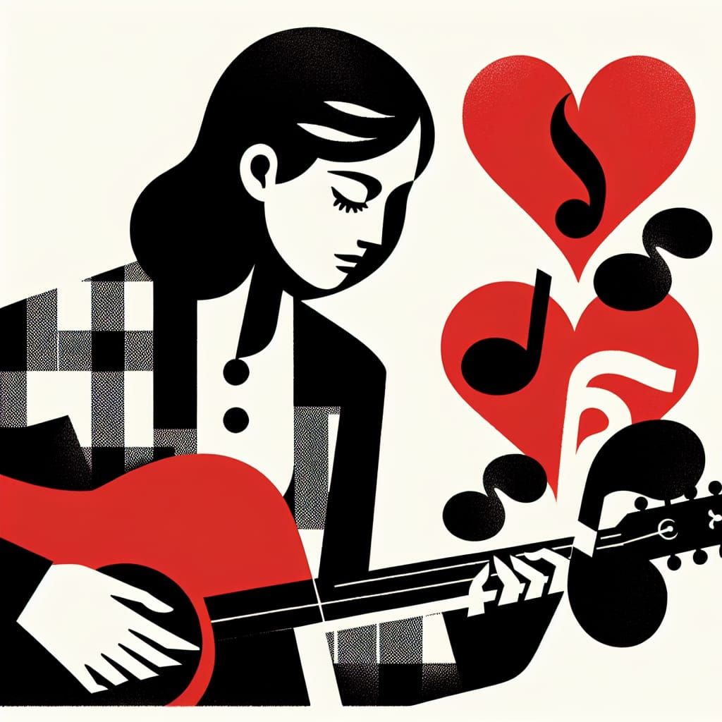 Serenity in Black and White: Woman Plays Guitar Amidst Heart...