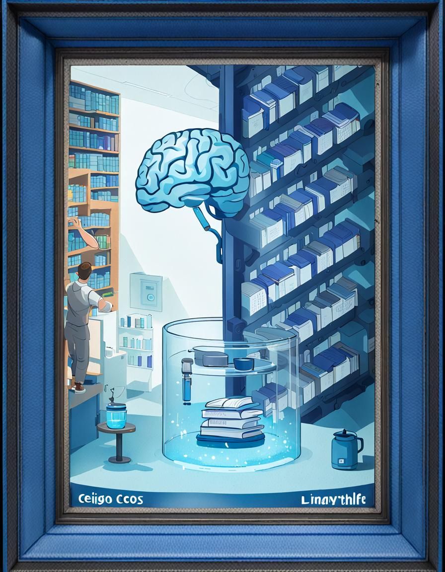 'Cyan Brain' in a blue 'liquid glass pot machine' with a great high tech screen above, with indigo text title: "Céos wit...