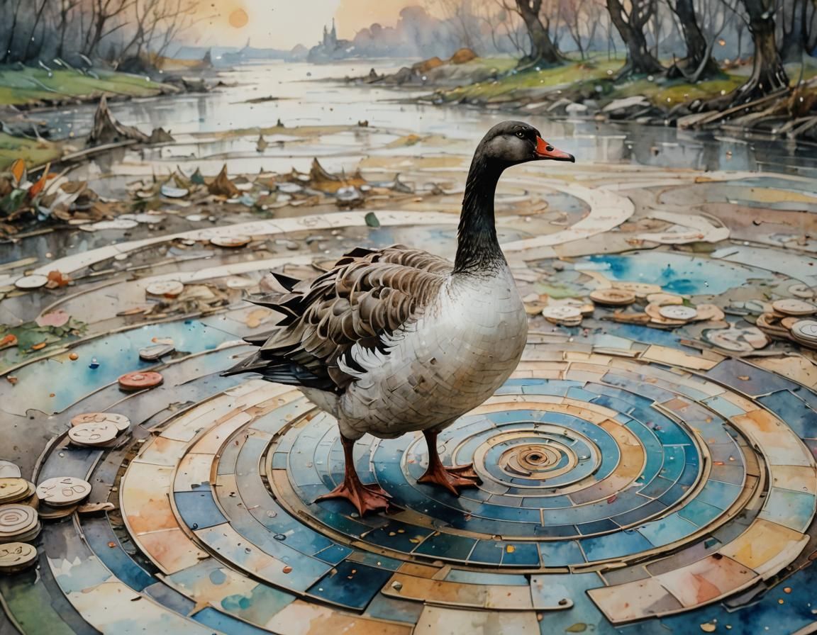 Goose Walks Game of Goose: Impressionist Watercolor