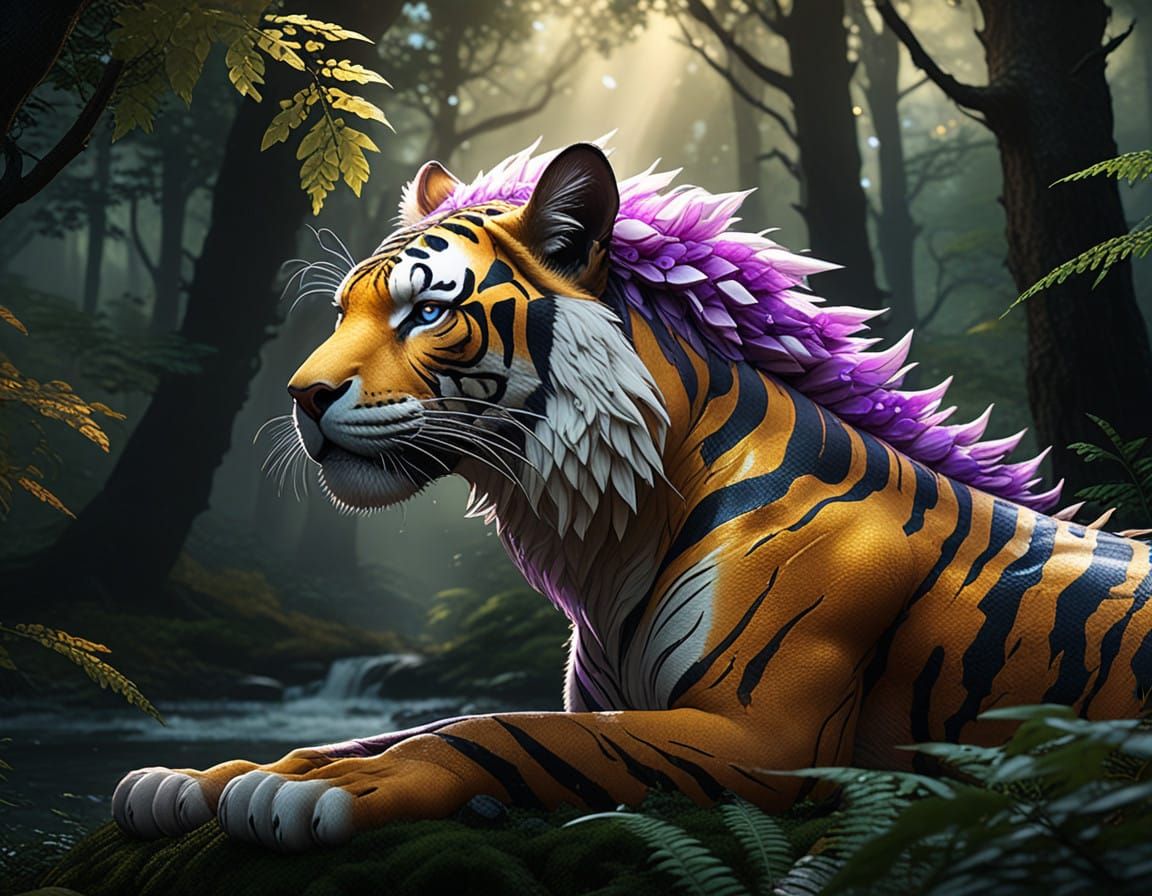 Enchanted Dragon Tiger in a Lush Forest Landscape