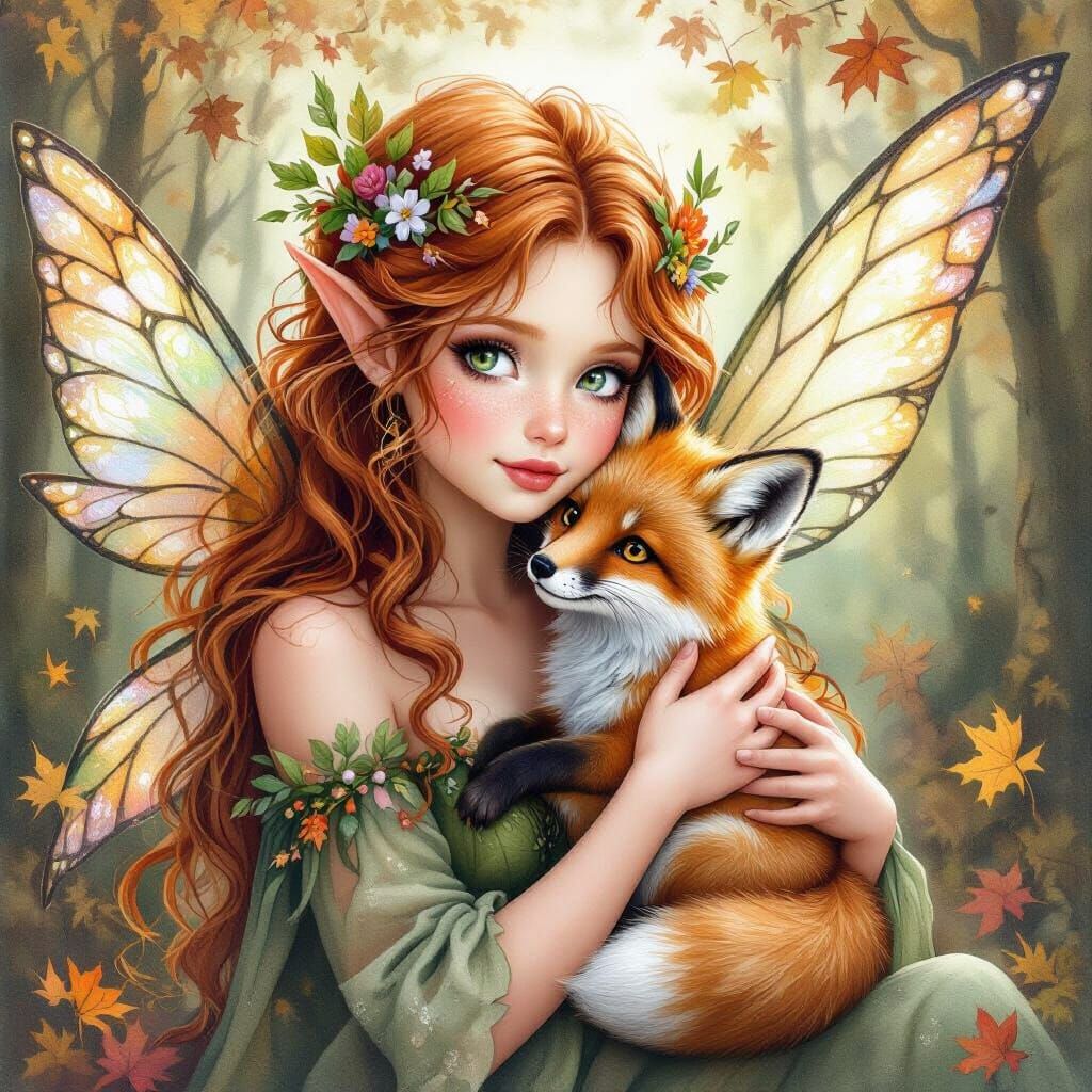 Celtic Fairy Holds Fox in Autumn Watercolor Style