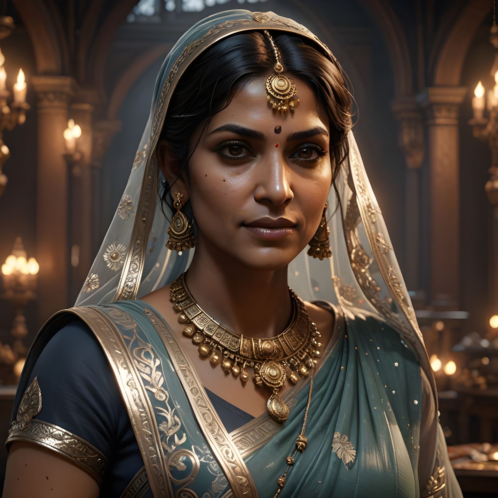 Sensual Indian Saree Portrait in Realistic Art