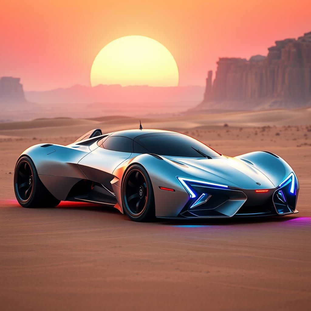 Sleek Futuristic Sports Car in Desert Landscape