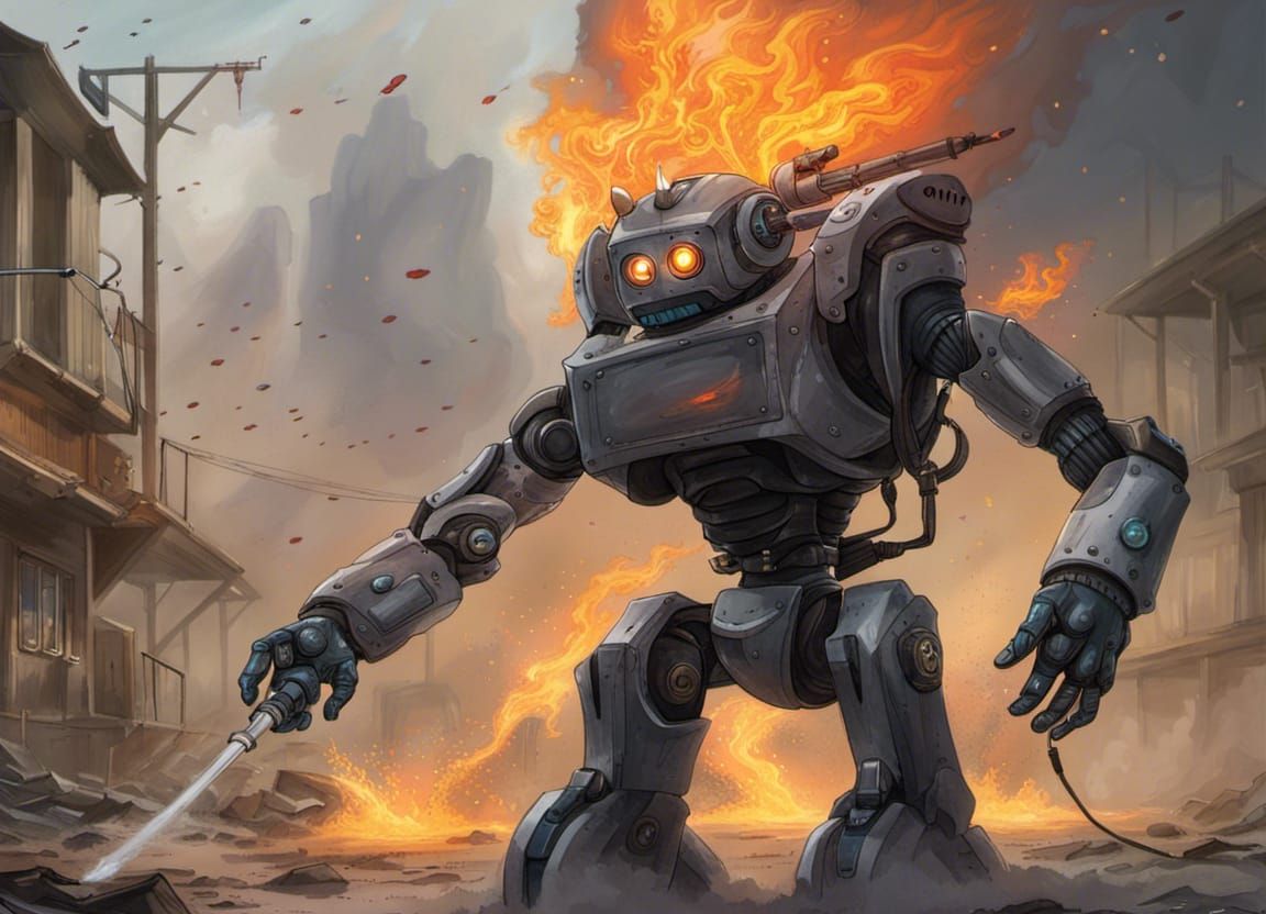 Robot with Flamethrower: Matte Painting Gouache Art