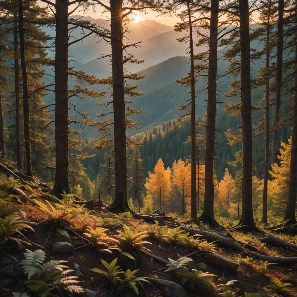 Serene Sunset Mountain Range in Forest Landscape