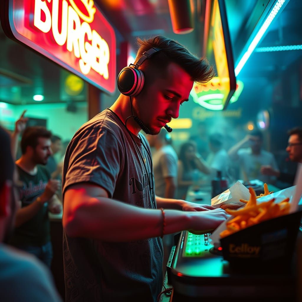 Dragon DJ Electrifies Crowd at Neon Burger Cart