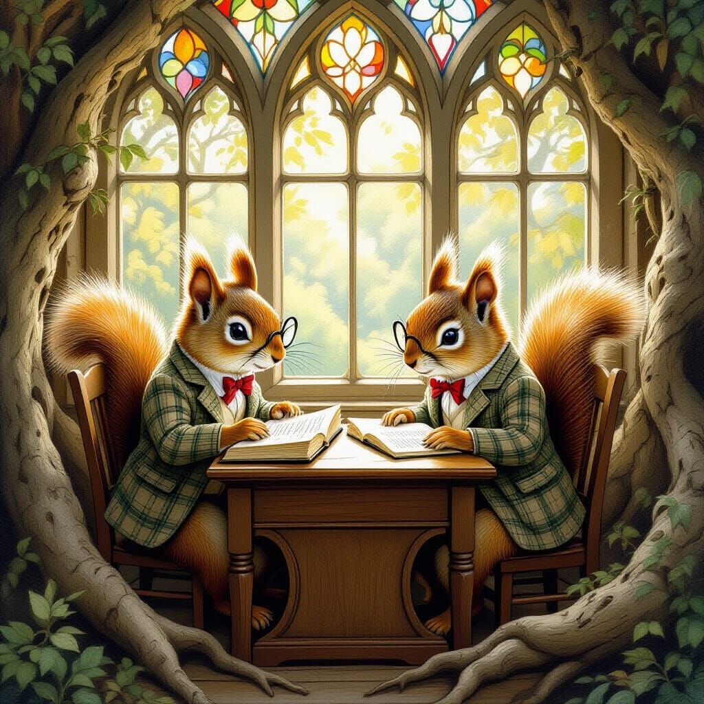 Squirrel Scholars in Woodland Library, Art Nouveau Style
