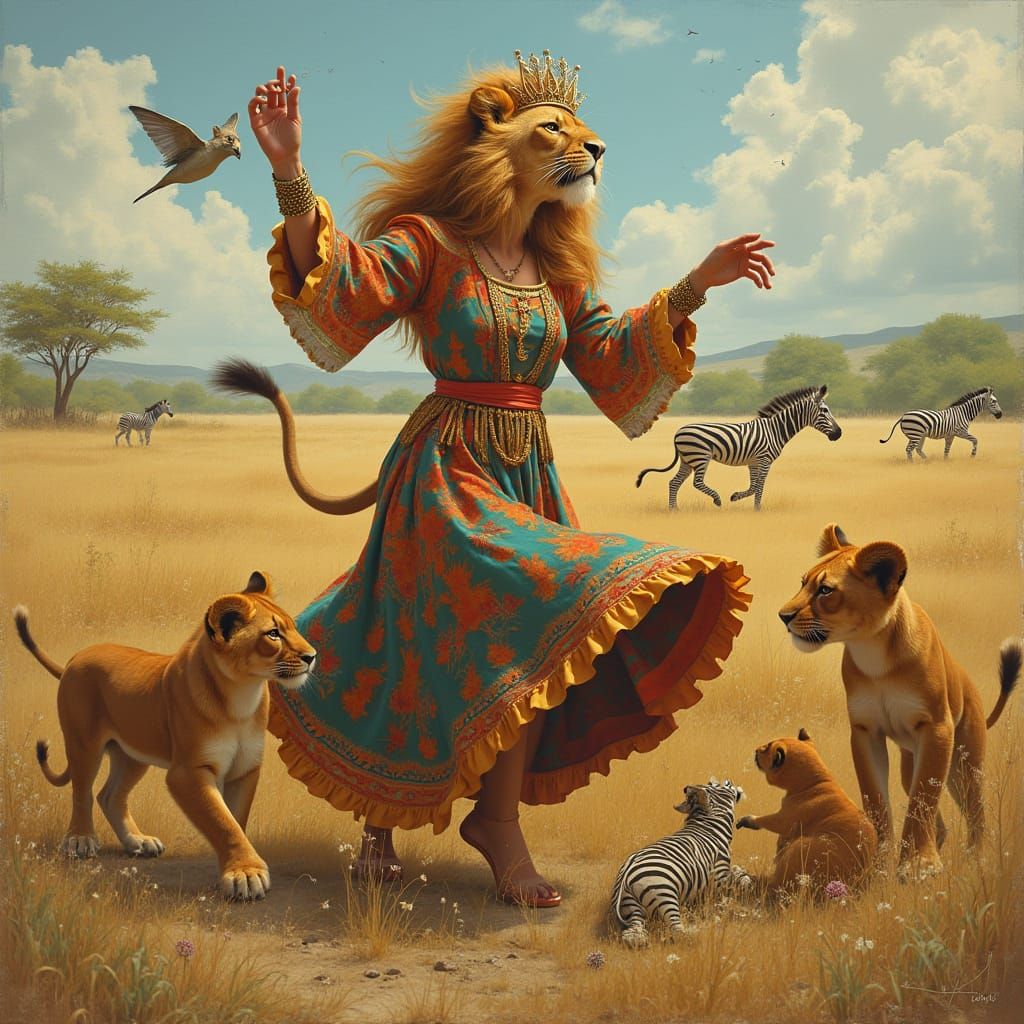 Lioness and Lion Cubs Dance in Vibrant Savanna Scene