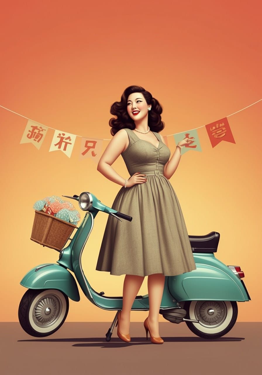 Vintage Pin-Up Girl Poses with Classic Vespa Scooter in Warm...