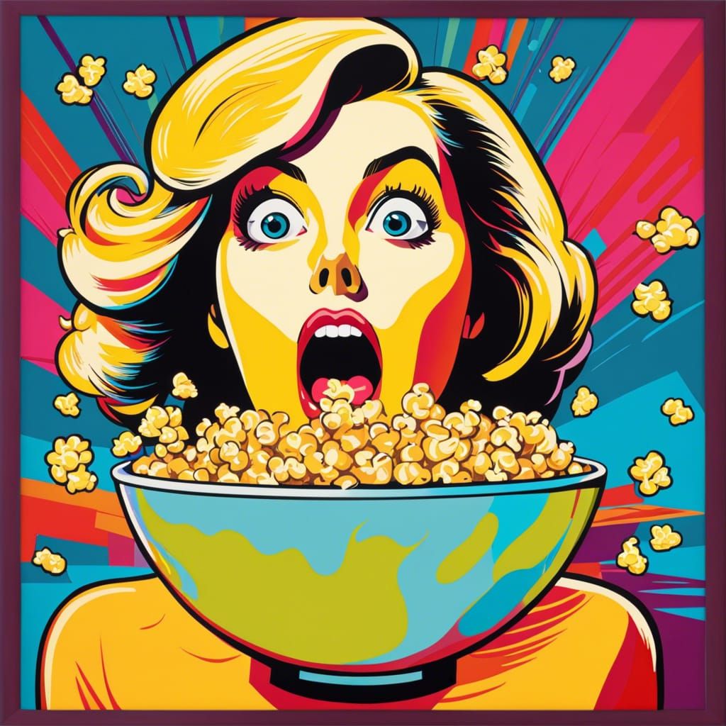 Pop Art Lady Gleefully Watching TV with Popcorn