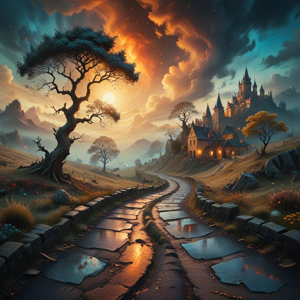 Surreal Cobblestone Road in Whimsical, Dreamlike Oil Paintin...