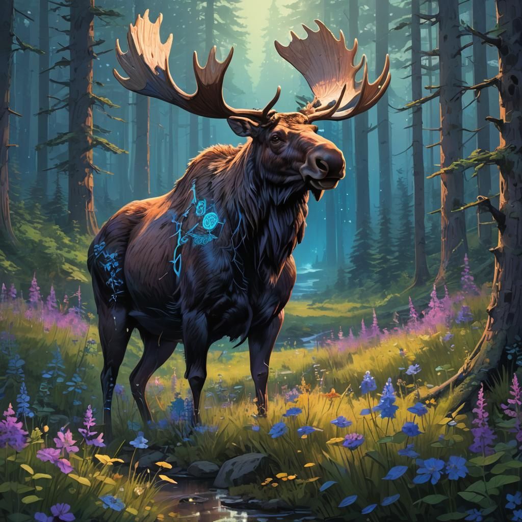 Mystical Moose with Glowing Runes in Fantasy Forest