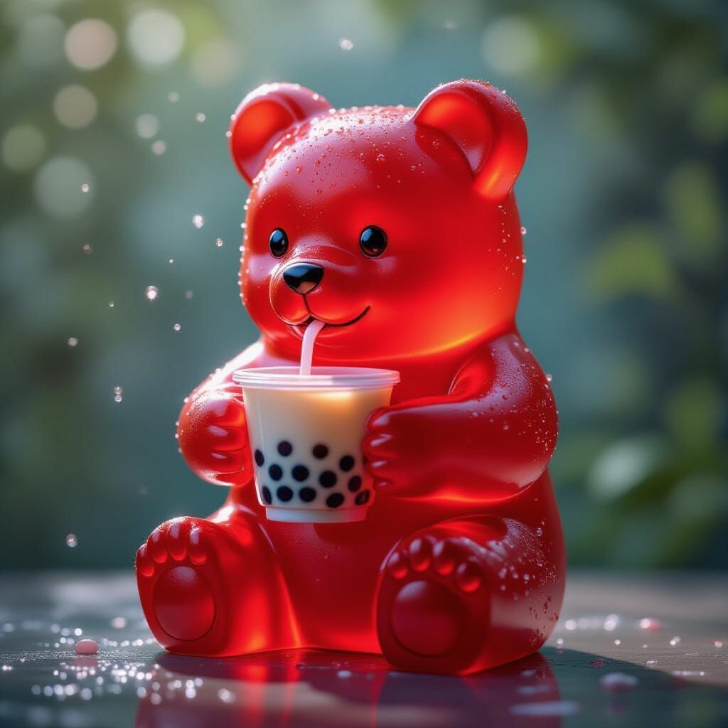 Giant Gummy Bear Sips Tiny Boba in Hyperrealistic Style
