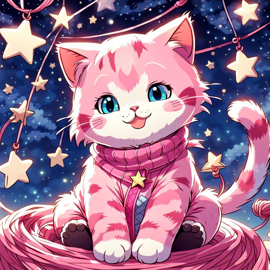 Pink Cat with Yarn in Anime Style