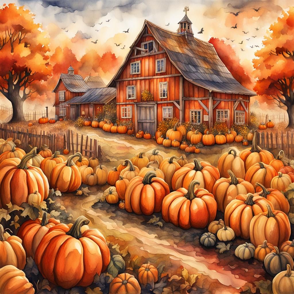 Whimsical Pumpkin Farm in Watercolor Style