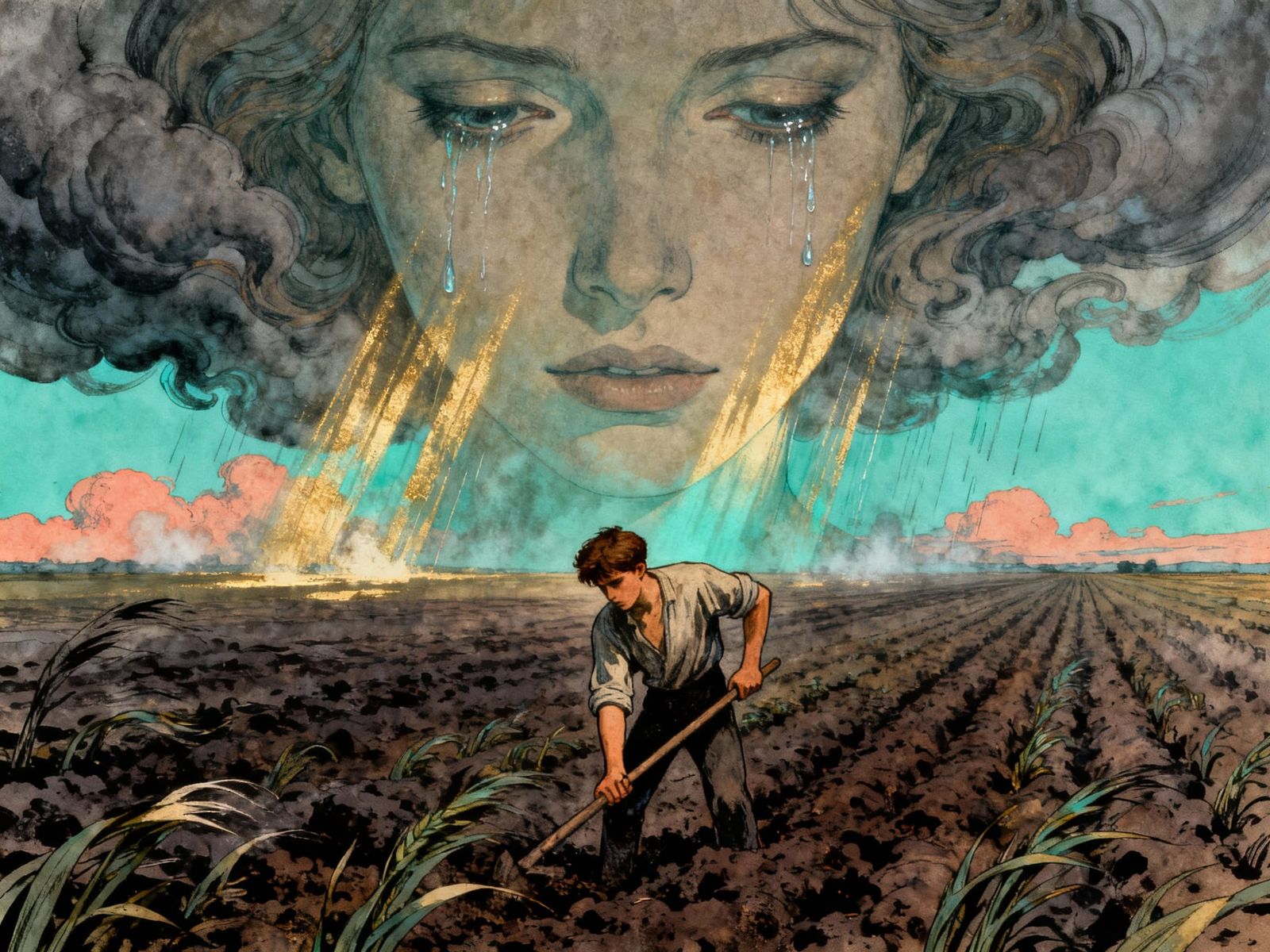 Man Toils Under Divine Sky with Weeping Woman Face