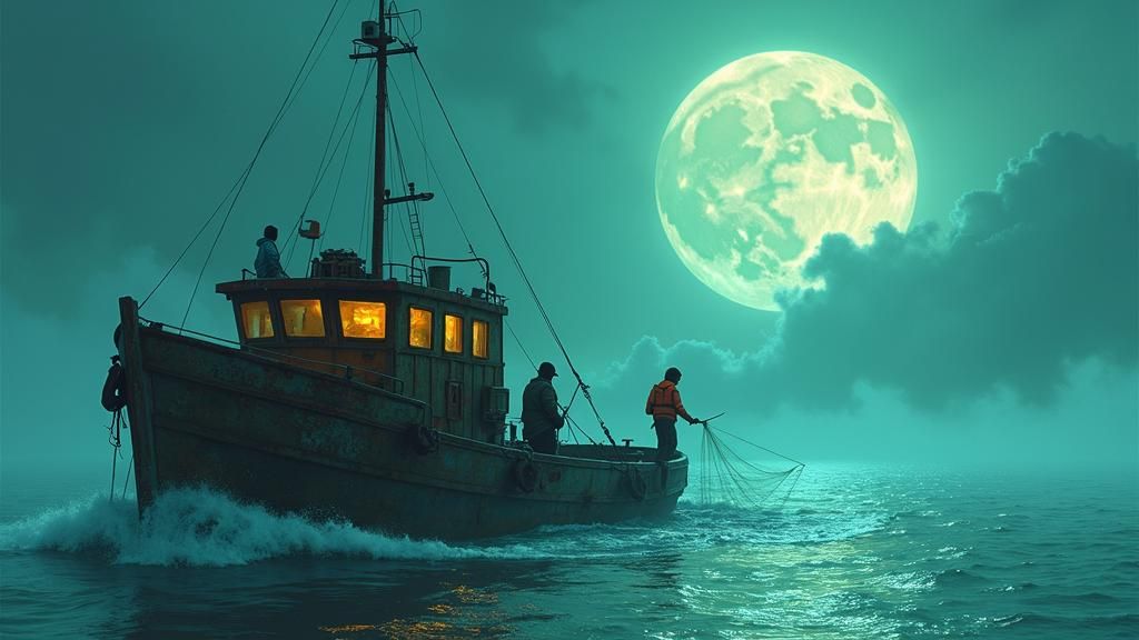 Ethereal Fishing Boat Under Two Moons
