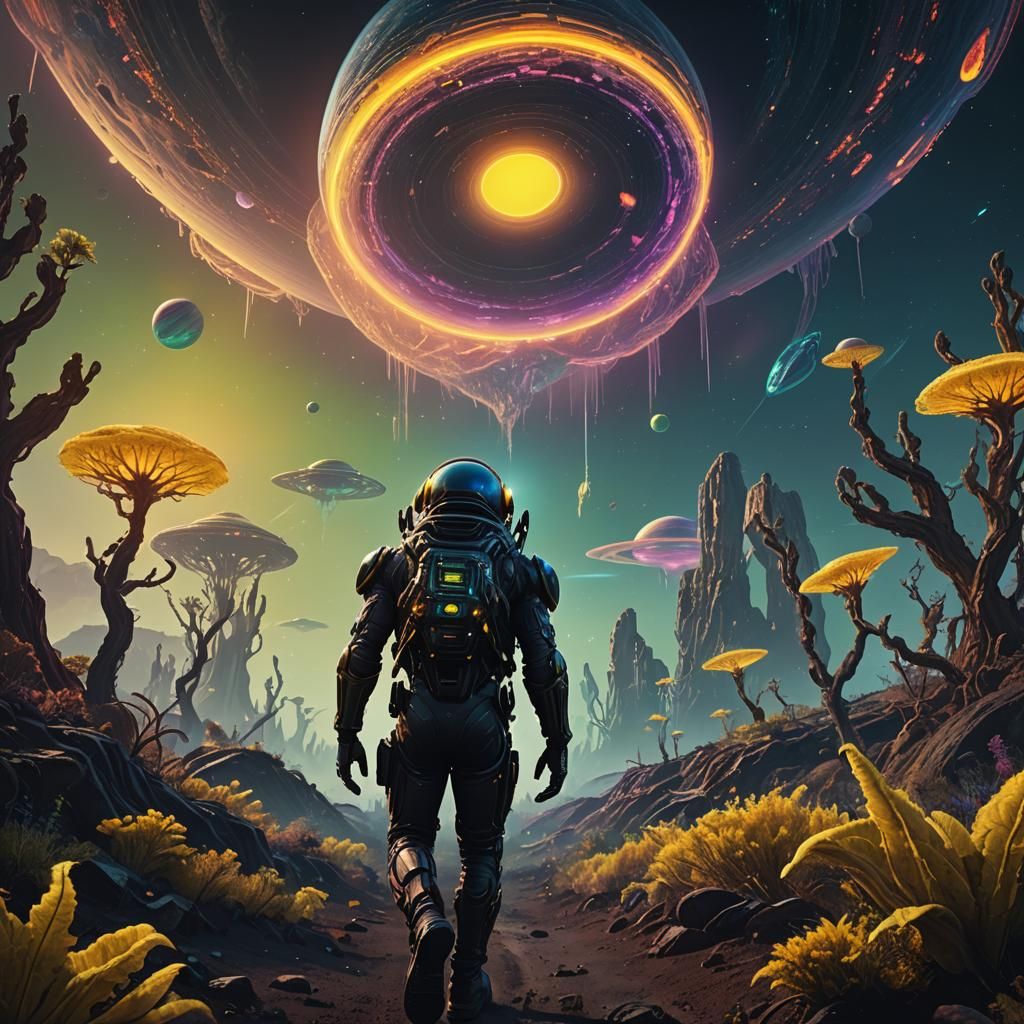 Alien with Neon Eyes Walks to Home Planet