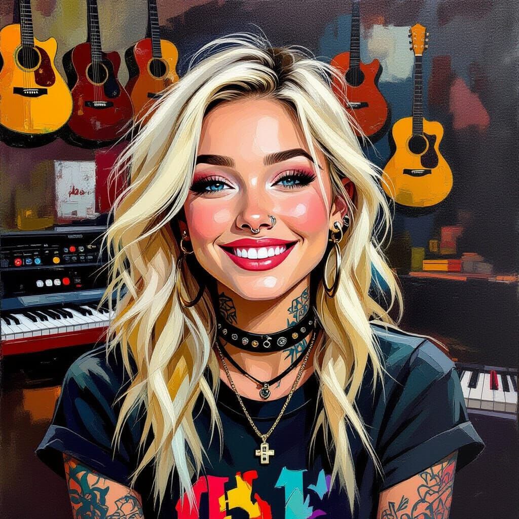Gothic Woman Smiling in Music Store Oil Painting