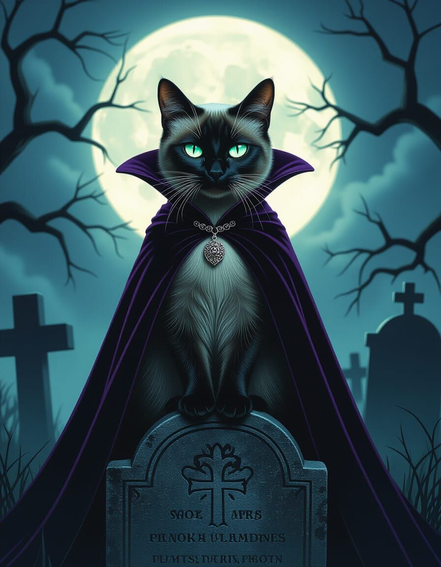 Regal Siamese Cat Vampire in Moonlit Graveyard