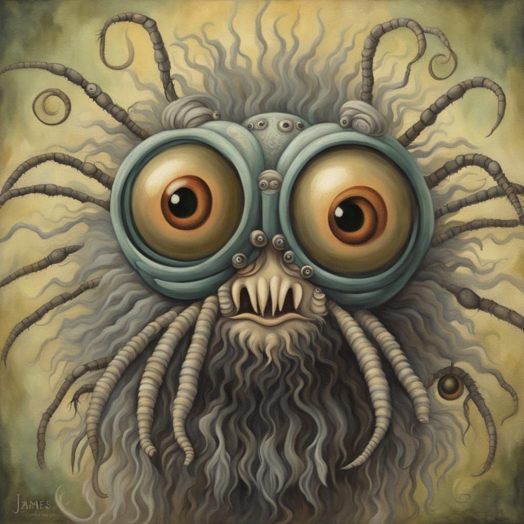 Steampunk Spider-Fly Hybrid in Kalighat Style