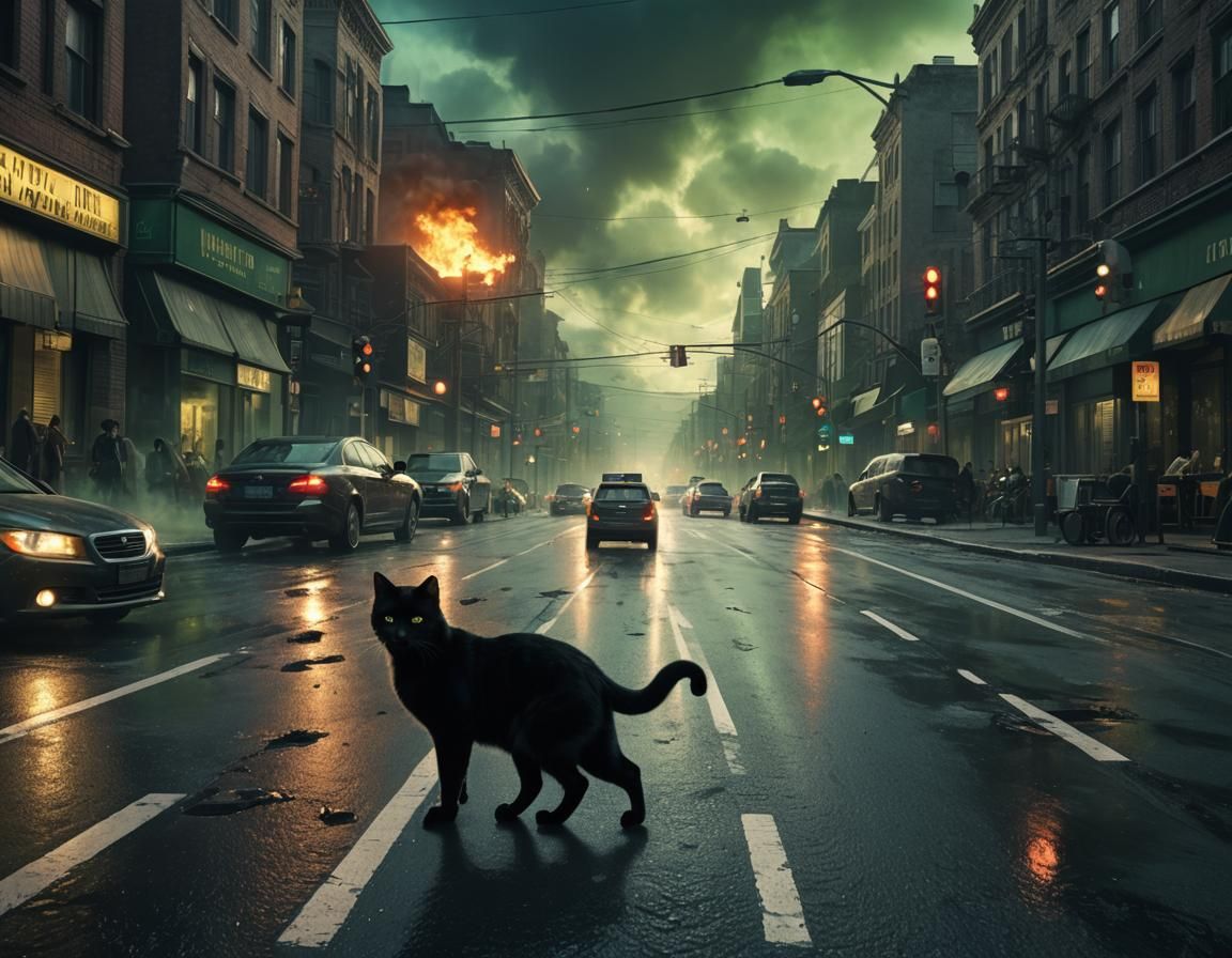 Black Cat Crosses Road Amidst Car Crash