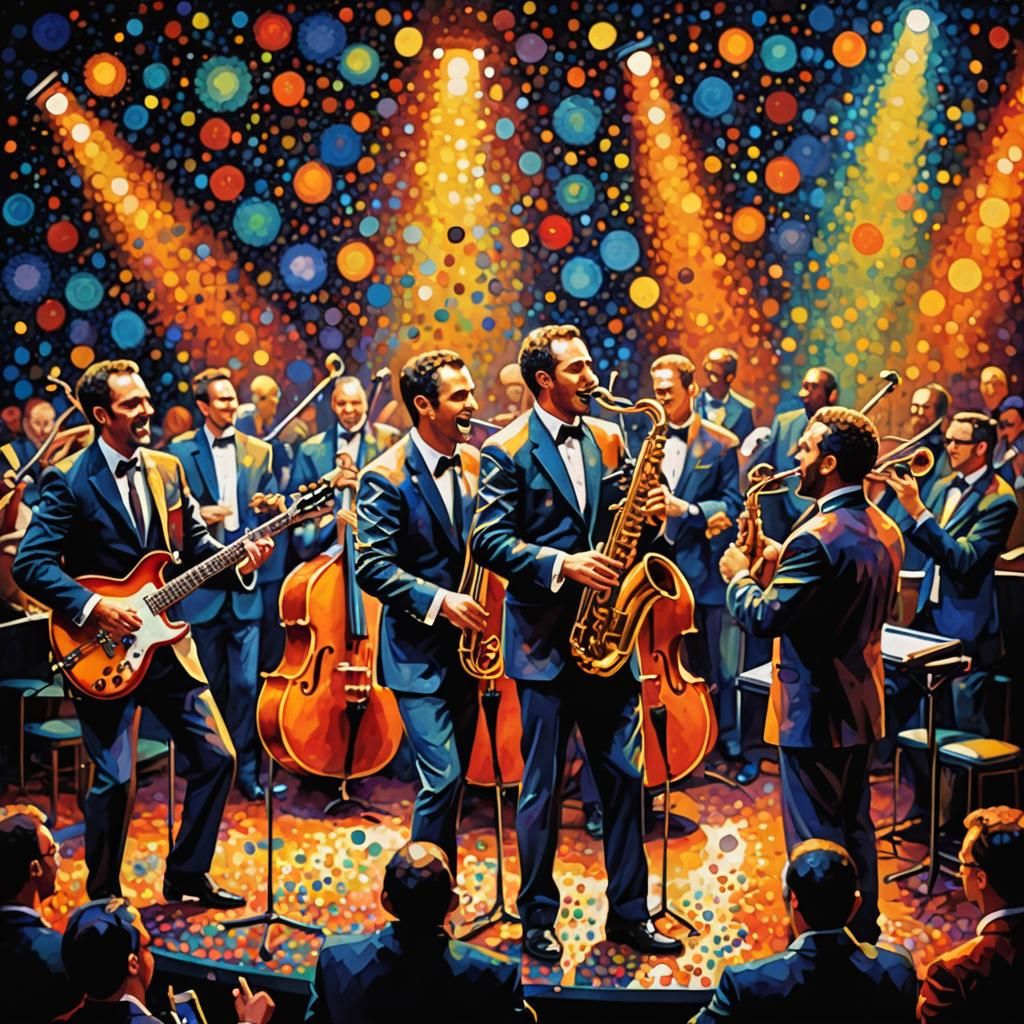 Jazz Band Performance in Pointillism Style
