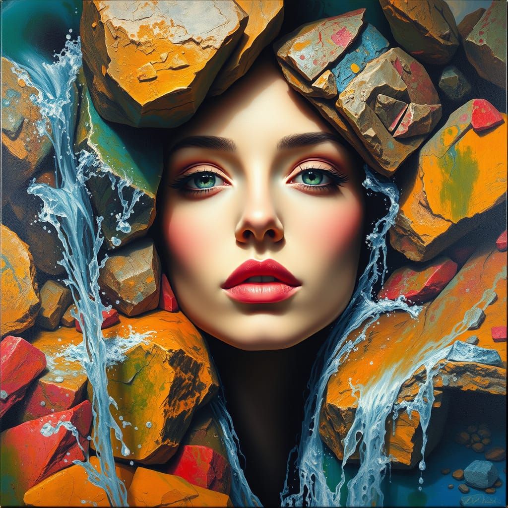 Vibrant Surrealism: Waterfall Face Melts into Reality