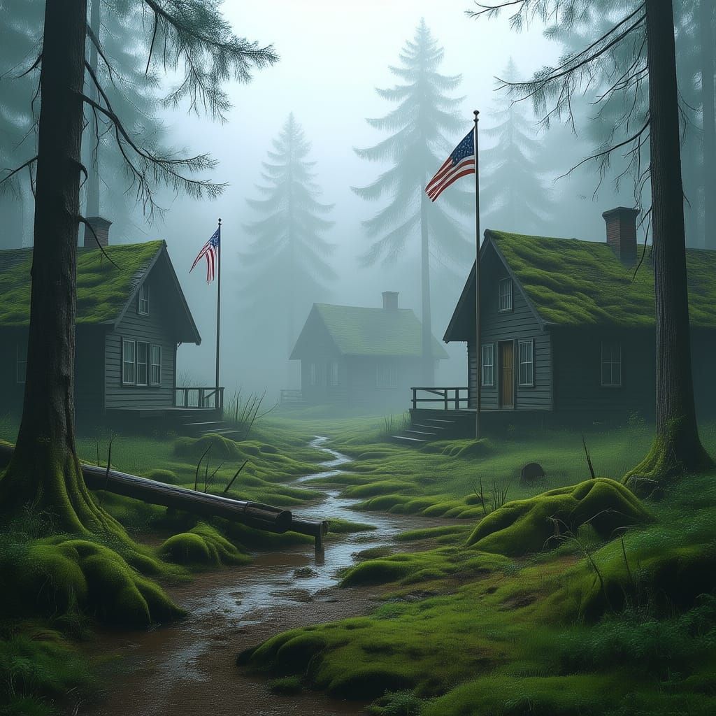Eerie Abandoned Camp in Misty Watercolor Style